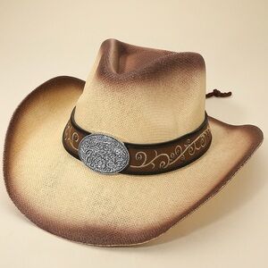 Metal Steer Head Emblem Studded Leather Band Western Straw Cowboy Fedora Hat